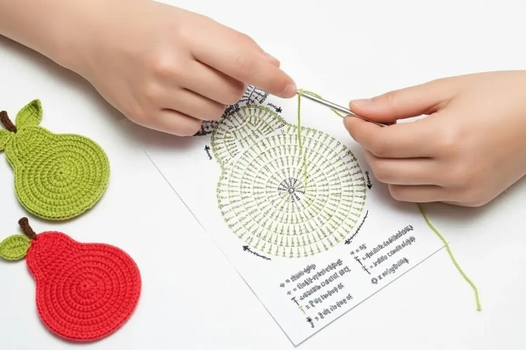 Crochet pear amigurumi flat pattern handmade with green yarn