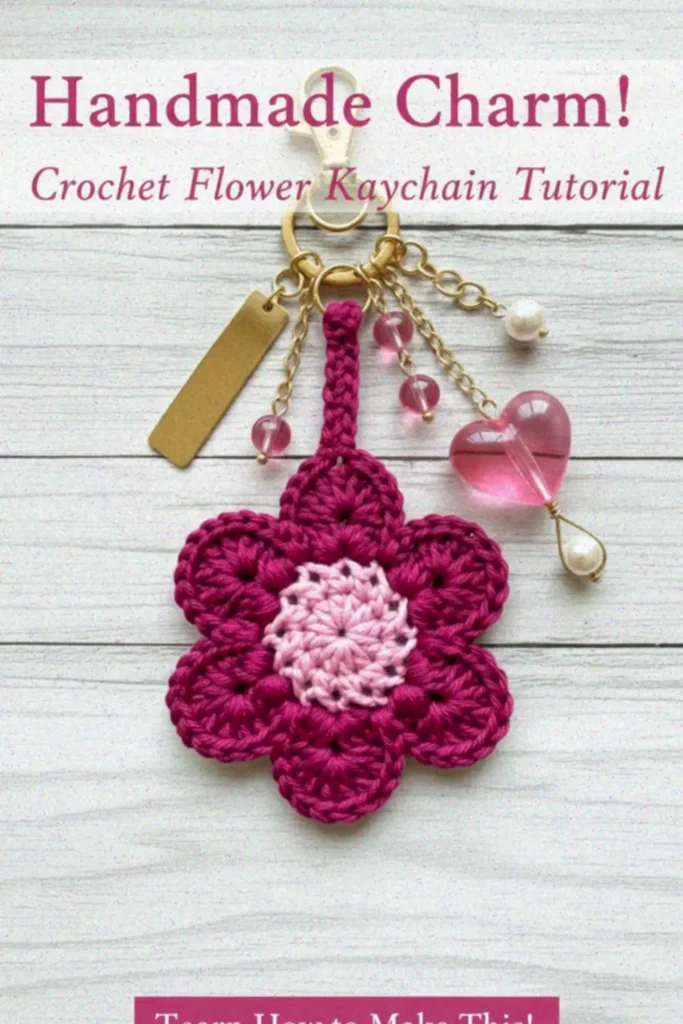 Crochet Flower Motif Pattern with six rounded petals made using worsted weight yarn