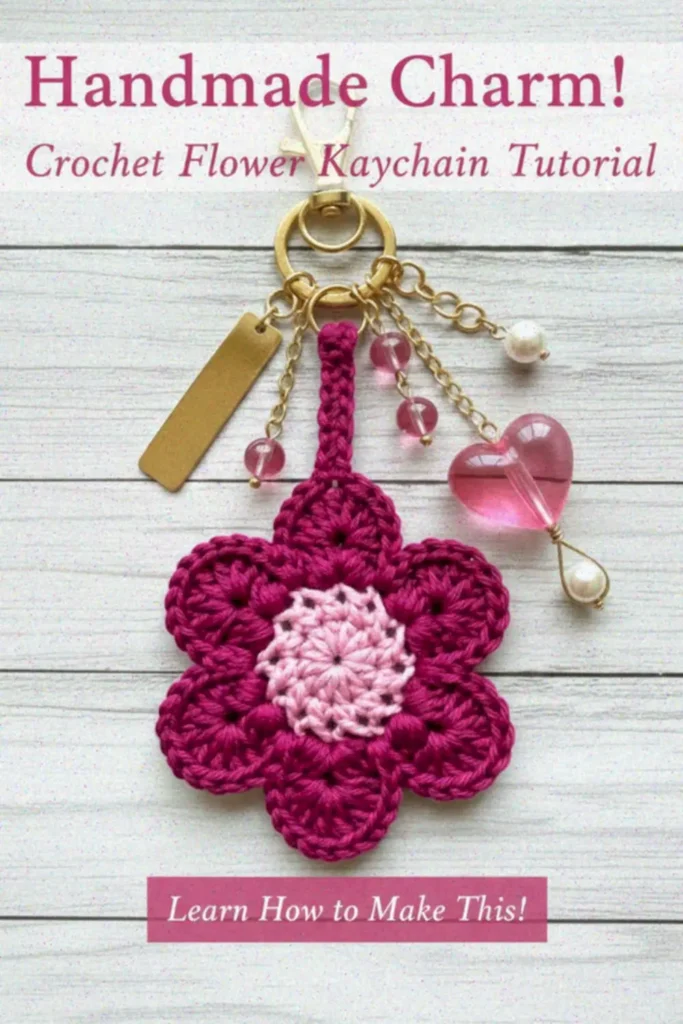 Crochet Flower Motif Pattern with six rounded petals made using worsted weight yarn
