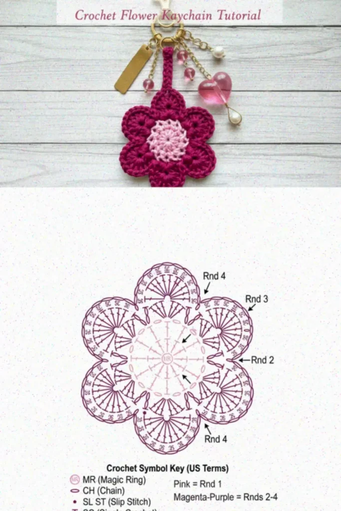 Crochet Flower Motif Pattern with six rounded petals made using worsted weight yarn