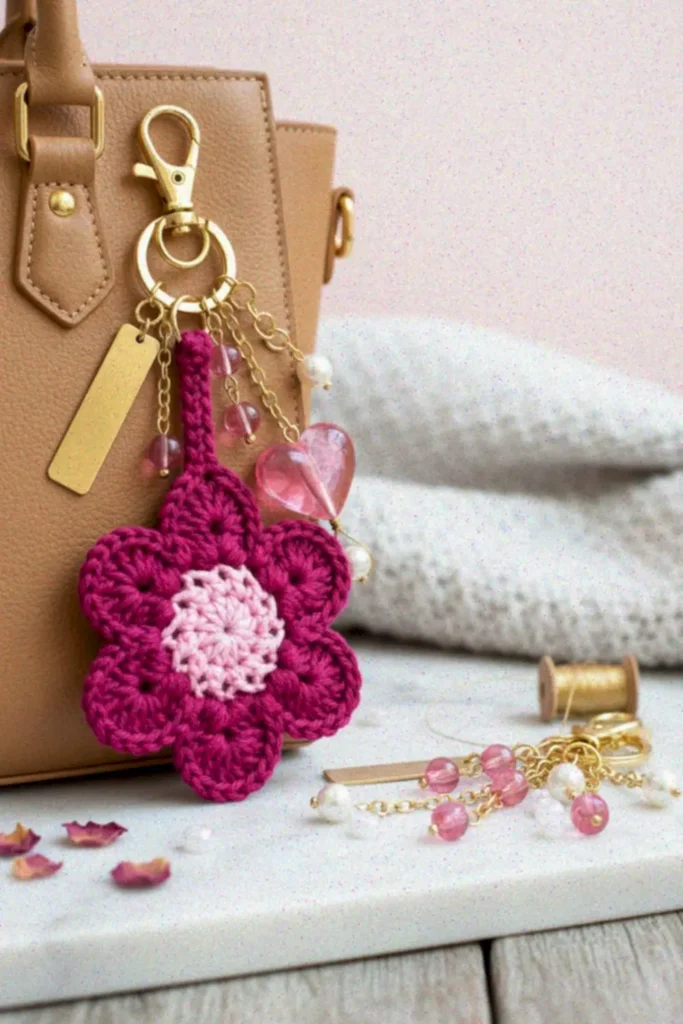 Crochet Flower Motif Pattern with six rounded petals made using worsted weight yarn