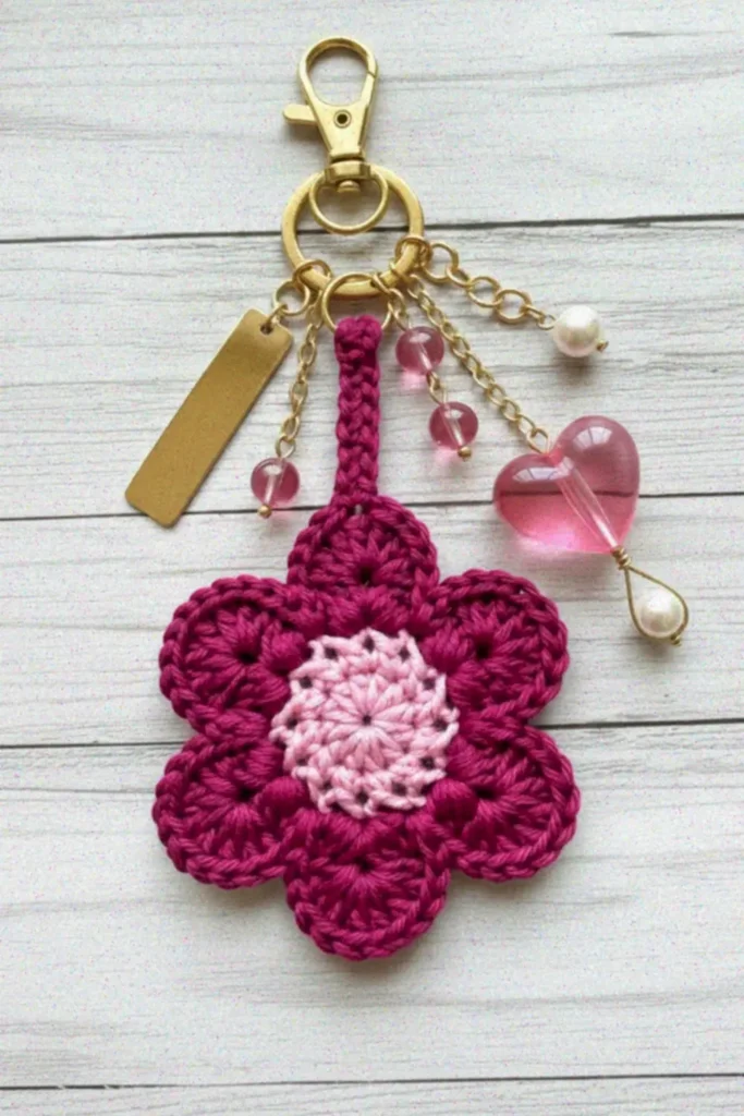 Crochet Flower Motif Pattern with six rounded petals made using worsted weight yarn