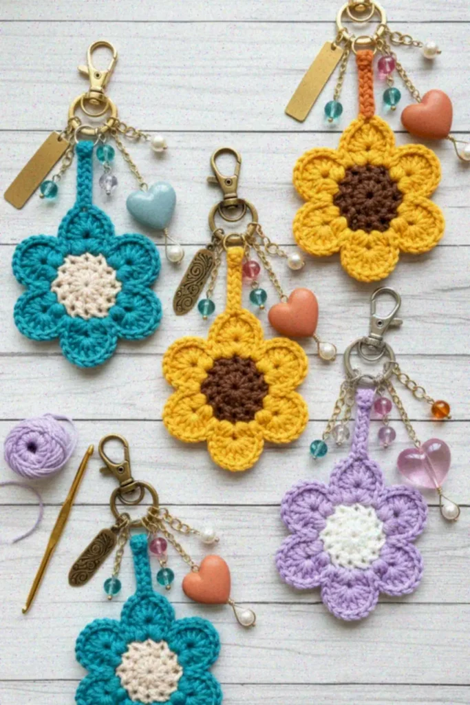 Crochet Flower Motif Pattern with six rounded petals made using worsted weight yarn