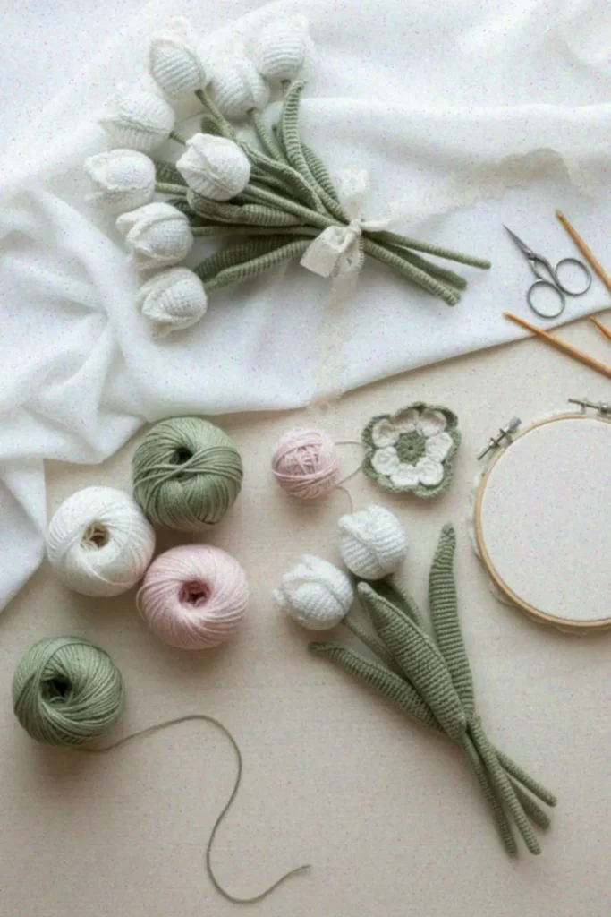 Crochet tulip bouquet pattern with realistic amigurumi flowers in soft colors