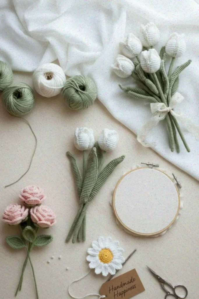 Crochet tulip bouquet pattern with realistic amigurumi flowers in soft colors