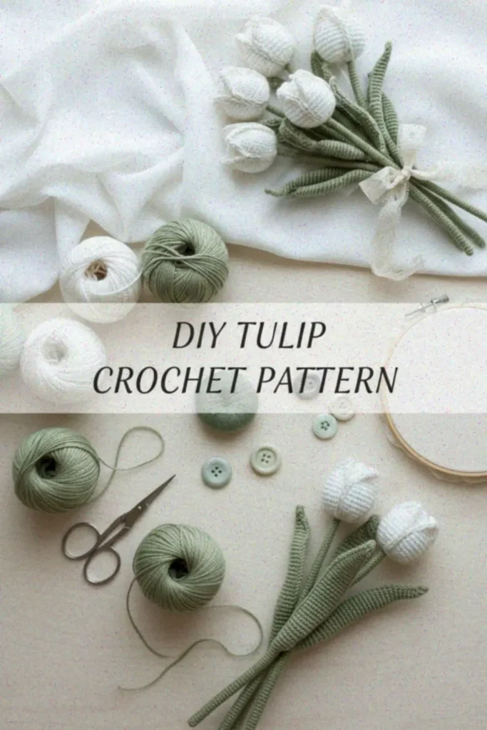 Crochet tulip bouquet pattern with realistic amigurumi flowers in soft colors