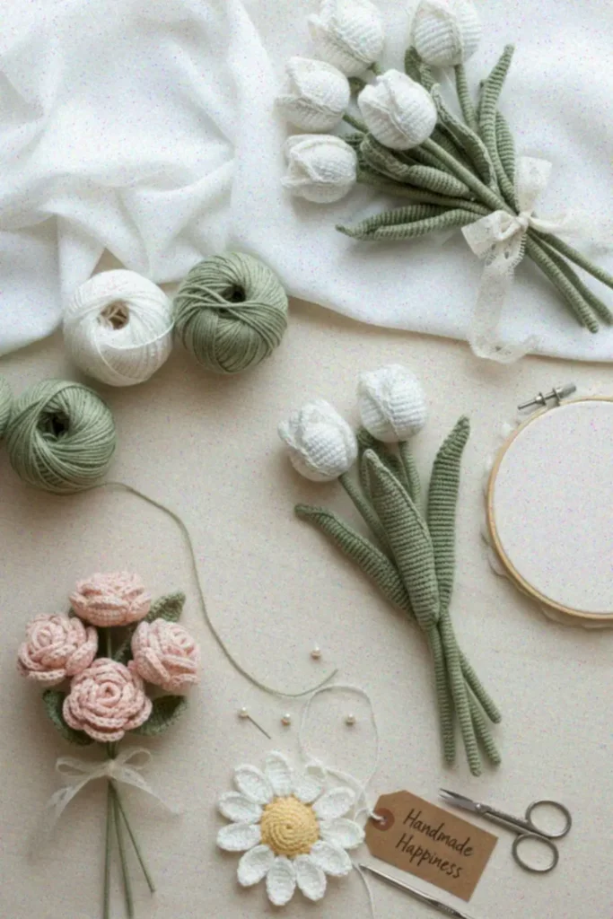 Crochet tulip bouquet pattern with realistic amigurumi flowers in soft colors