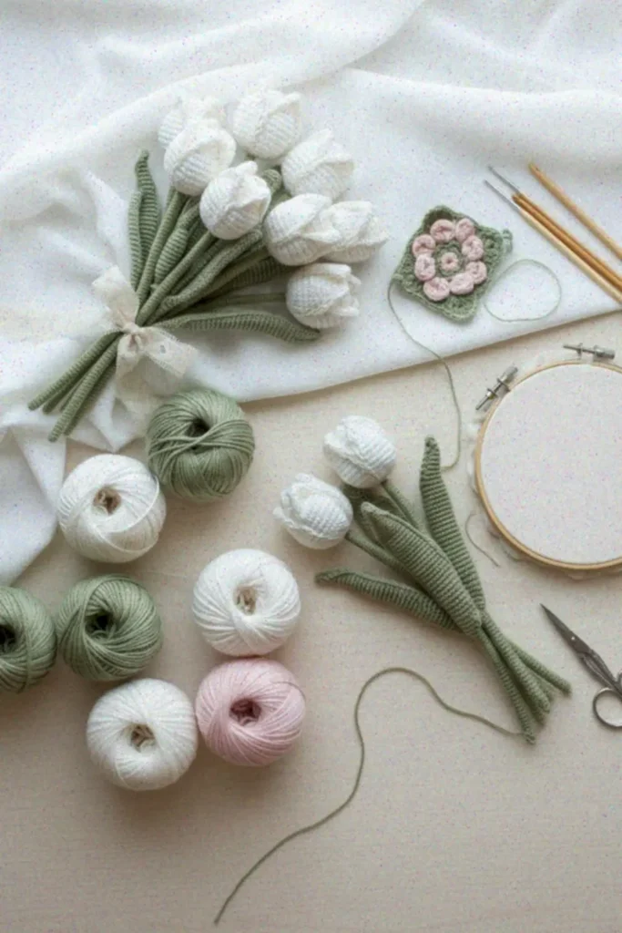 Crochet tulip bouquet pattern with realistic amigurumi flowers in soft colors