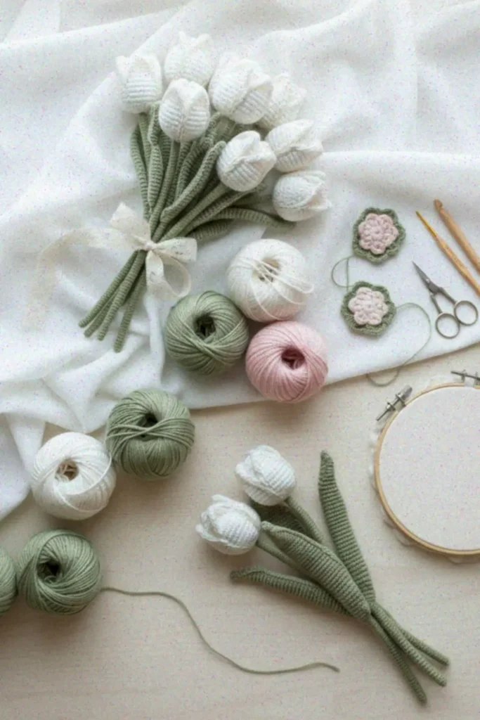Crochet tulip bouquet pattern with realistic amigurumi flowers in soft colors