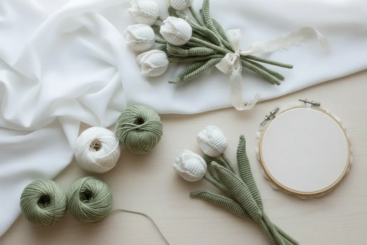 Crochet tulip bouquet pattern with realistic amigurumi flowers in soft colors