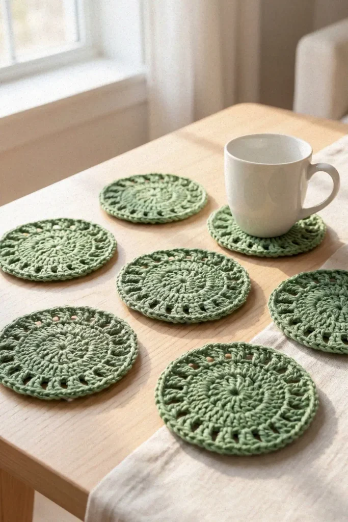 Easy lacy crochet coaster pattern made with cotton yarn in a delicate round lace design