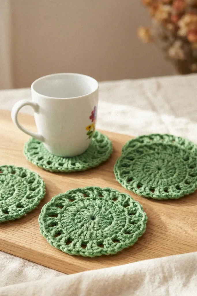 Easy lacy crochet coaster pattern made with cotton yarn in a delicate round lace design