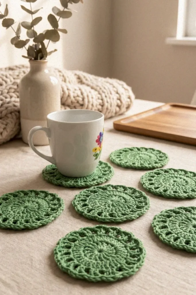 Easy lacy crochet coaster pattern made with cotton yarn in a delicate round lace design