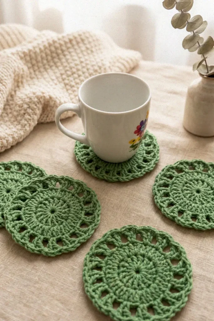Easy lacy crochet coaster pattern made with cotton yarn in a delicate round lace design