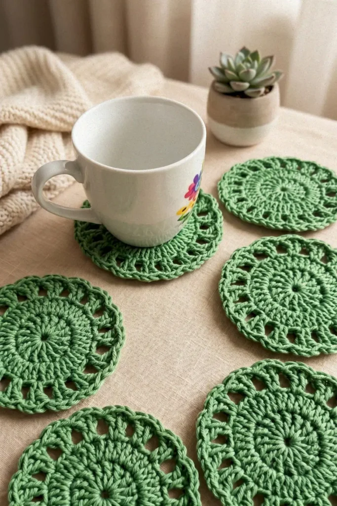 Easy lacy crochet coaster pattern made with cotton yarn in a delicate round lace design
