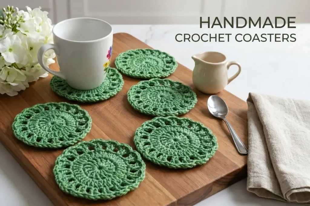 Easy lacy crochet coaster pattern made with cotton yarn in a delicate round lace design