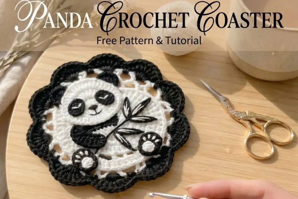 Panda Lace Applique Coaster Crochet Pattern made with black and white cotton yarn
