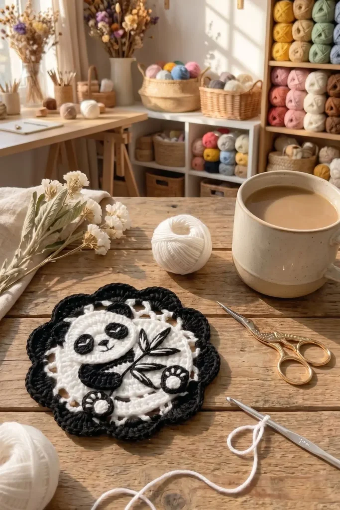 Panda Lace Applique Coaster Crochet Pattern