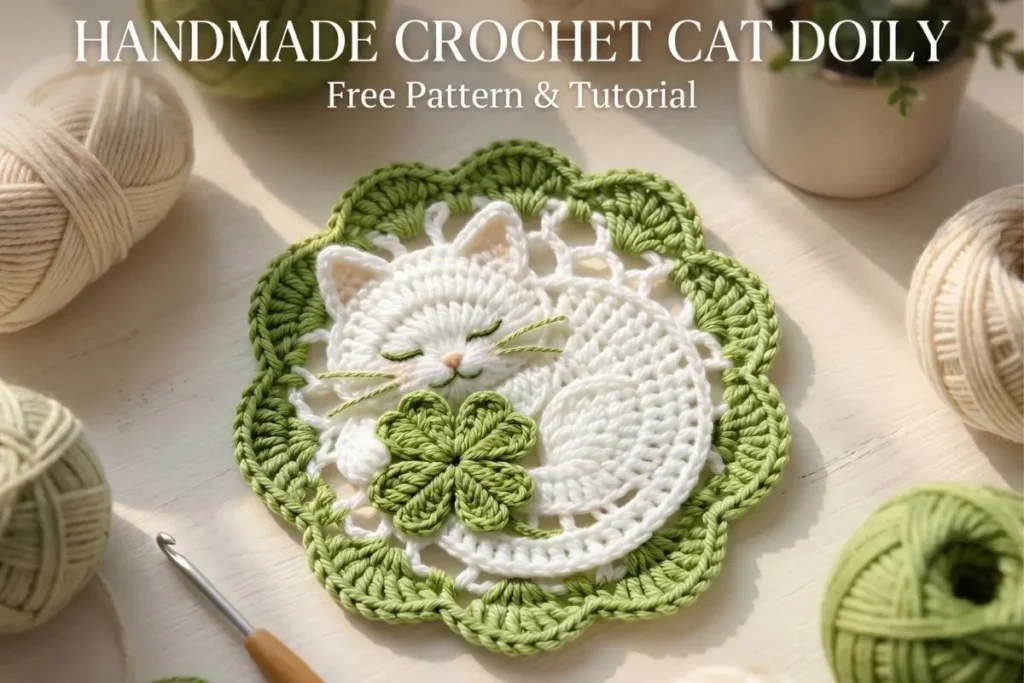 Sleeping White Cat Doily Crochet Pattern with shamrock motif and scalloped lace border
