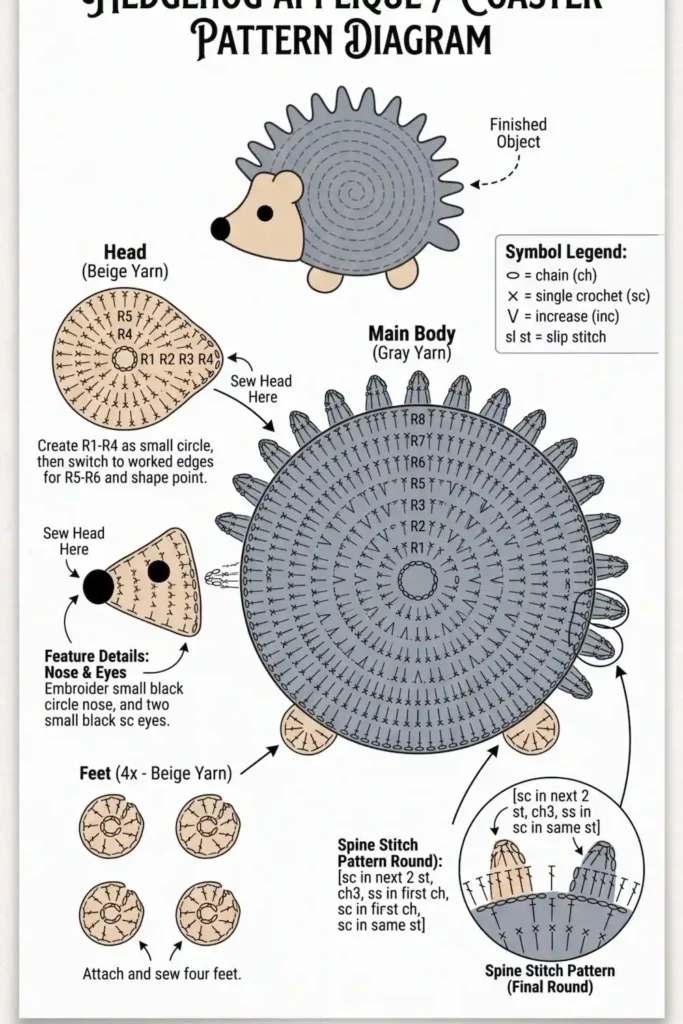Crochet Hedgehog Appliqué Pattern made with gray and beige cotton yarn in US crochet terms.