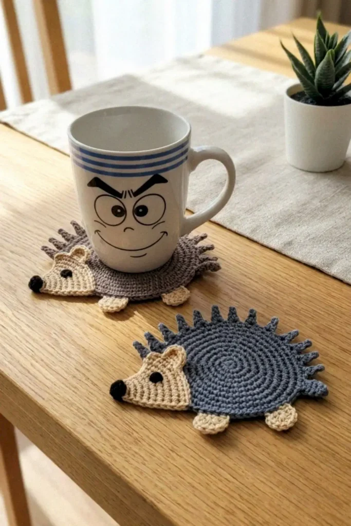 Crochet Hedgehog Appliqué Pattern made with gray and beige cotton yarn in US crochet terms.