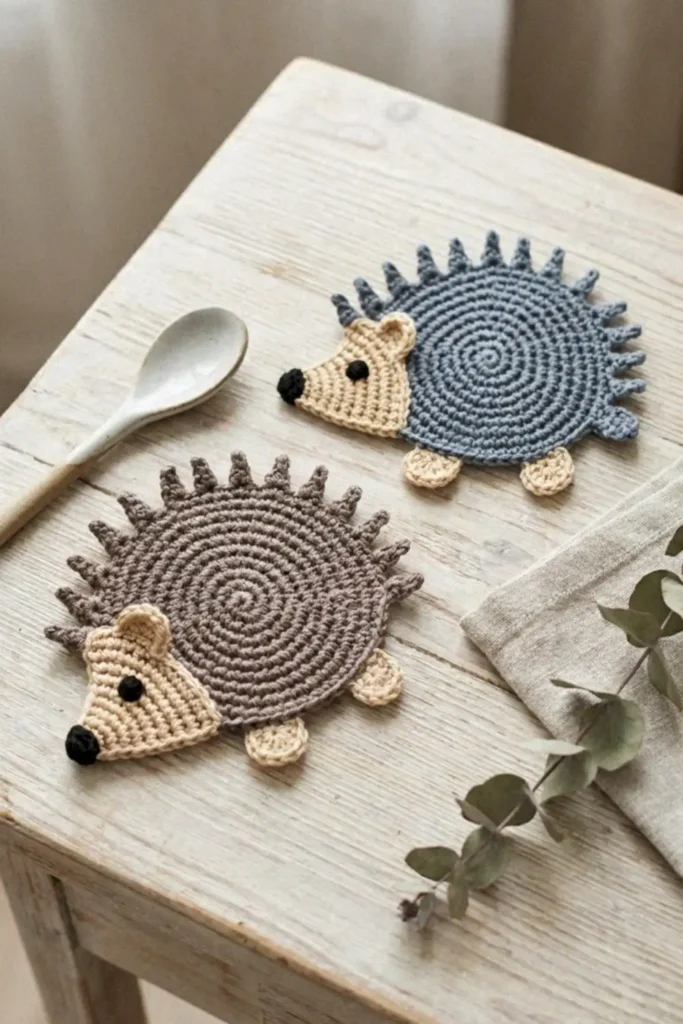 Crochet Hedgehog Appliqué Pattern made with gray and beige cotton yarn in US crochet terms.