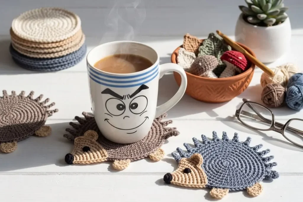 Crochet Hedgehog Appliqué Pattern made with gray and beige cotton yarn in US crochet terms.