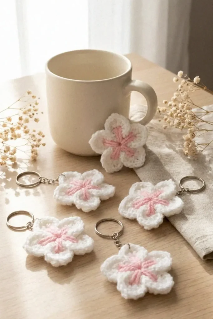 Crochet Sakura Flower Keychain Pattern made with white cotton yarn and pink embroidered center attached to a silver key ring.