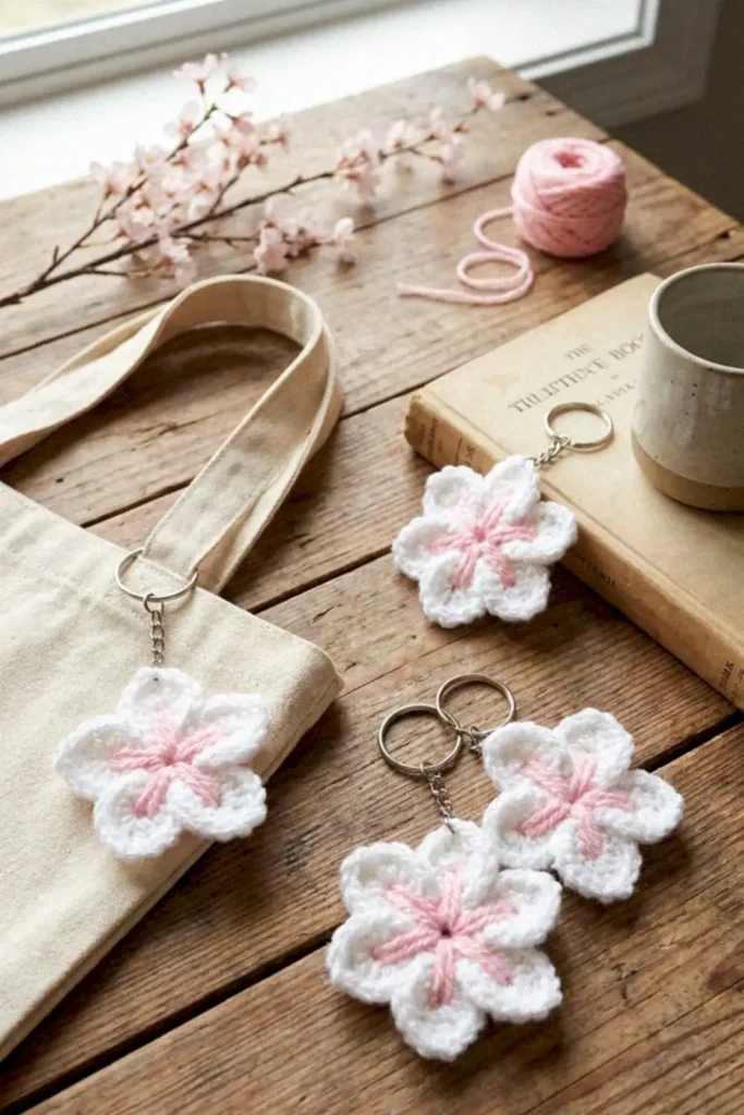Crochet Sakura Flower Keychain Pattern made with white cotton yarn and pink embroidered center attached to a silver key ring.