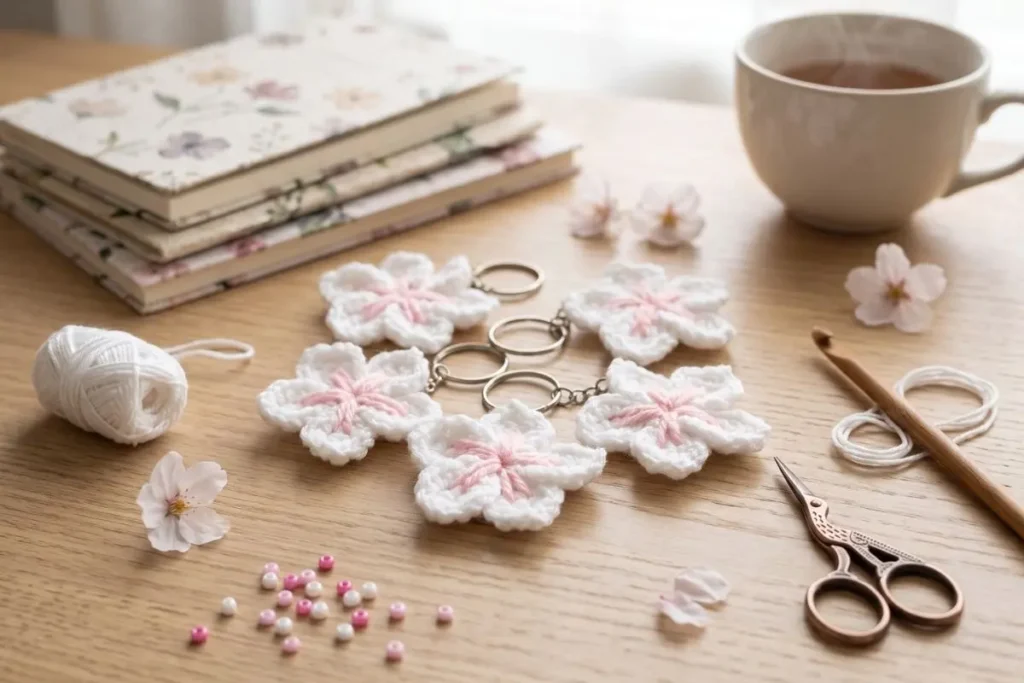 Crochet Sakura Flower Keychain Pattern made with white cotton yarn and pink embroidered center attached to a silver key ring.
