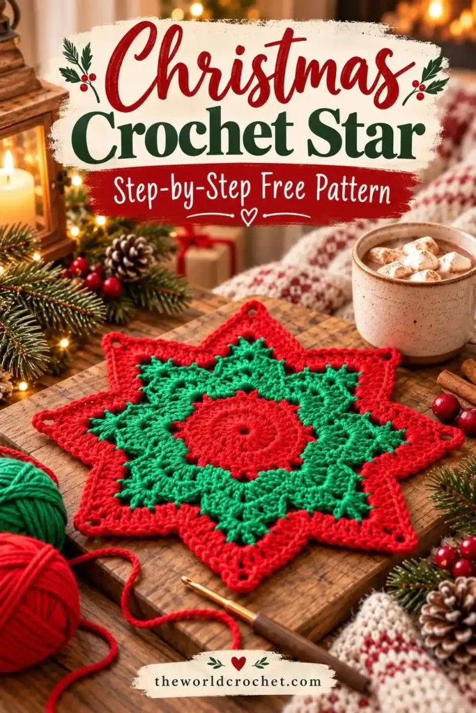 Christmas star crochet table mat in red and green