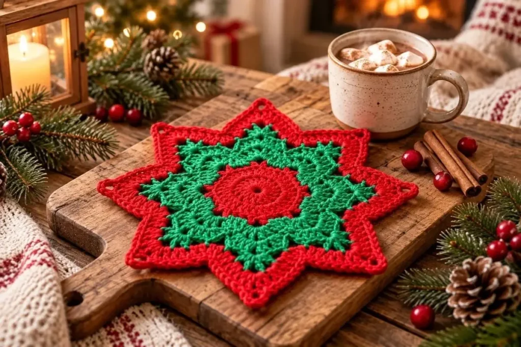 Christmas star crochet table mat in red and green