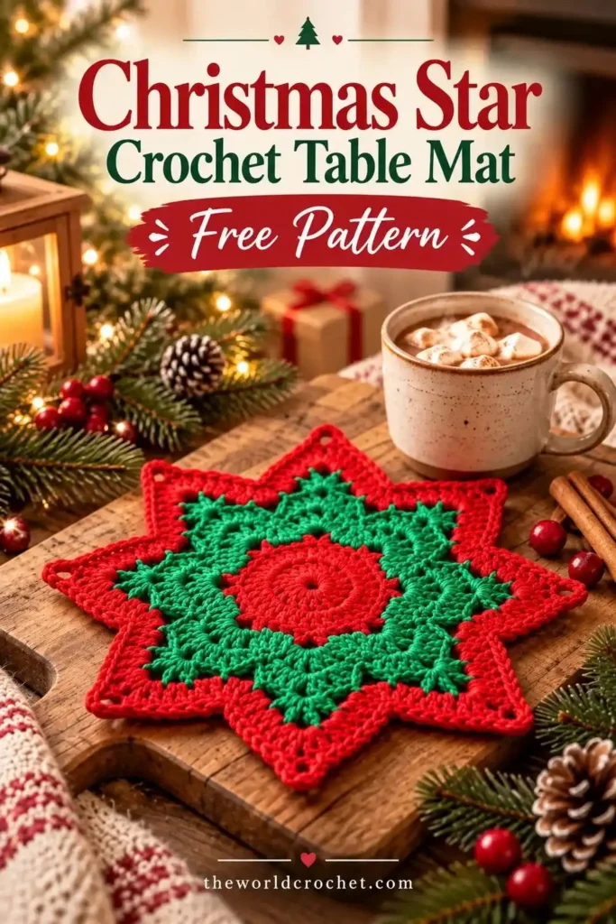 Christmas star crochet table mat in red and green