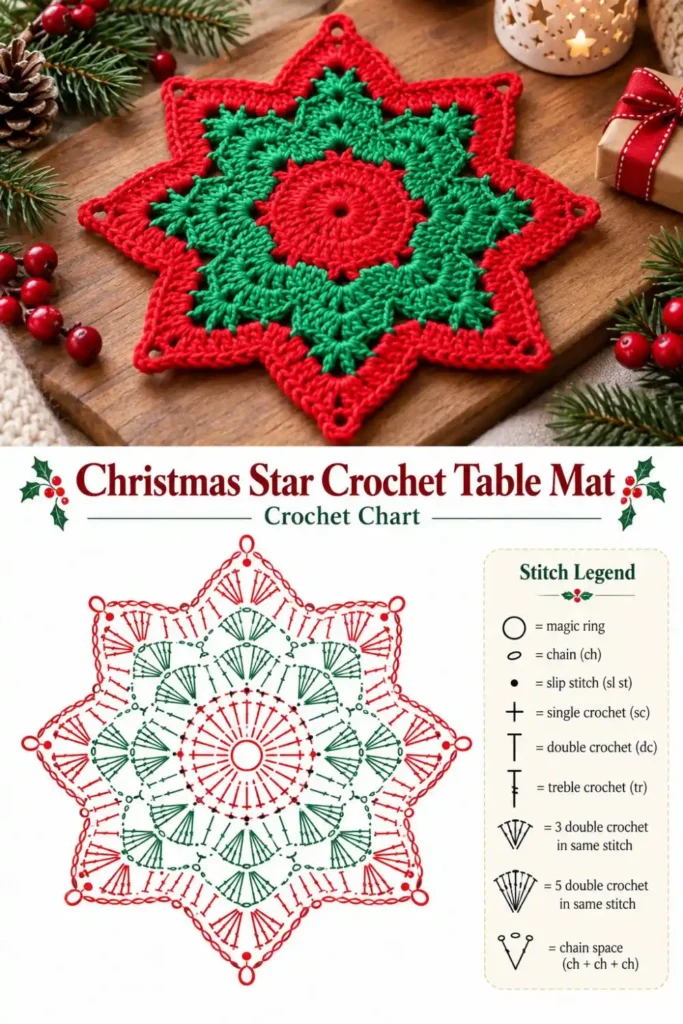 Christmas star crochet table mat in red and green