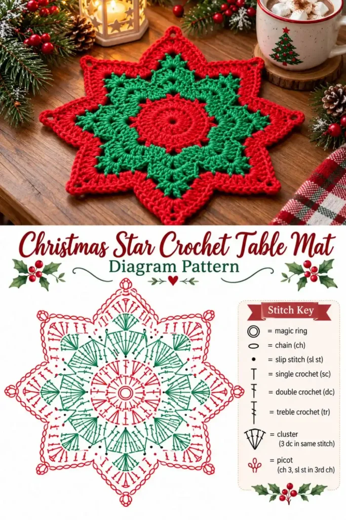 Christmas star crochet table mat in red and green