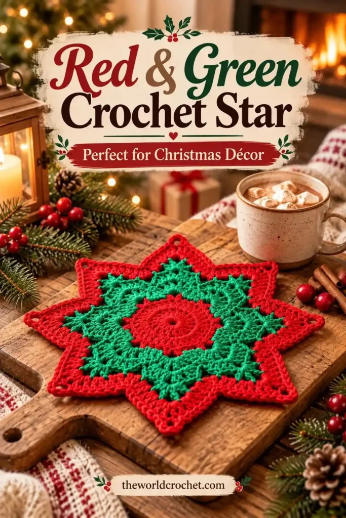Christmas star crochet table mat in red and green