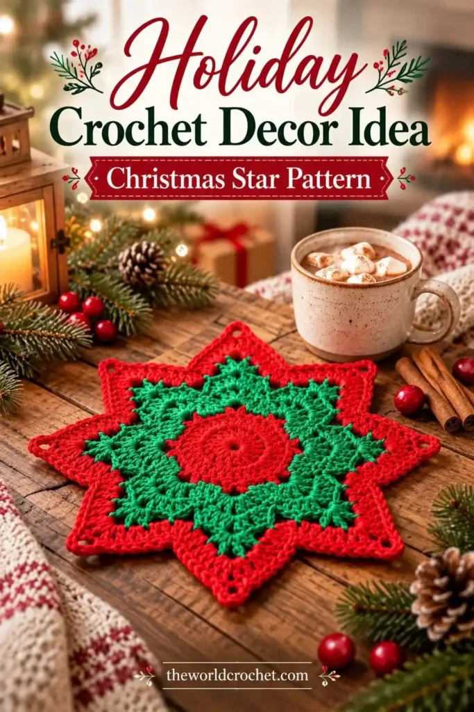 Christmas star crochet table mat in red and green
