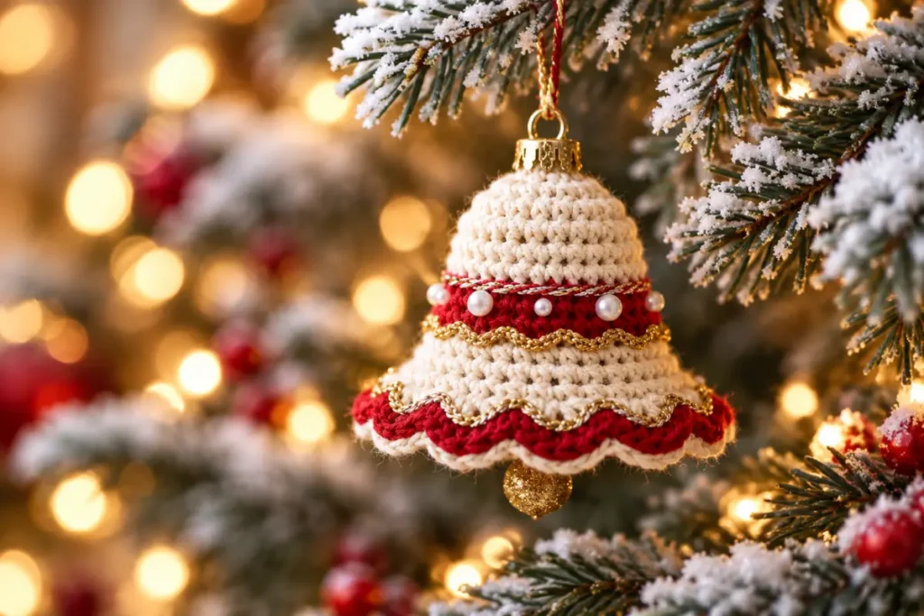 crochet Christmas bell ornament with red cream and gold details