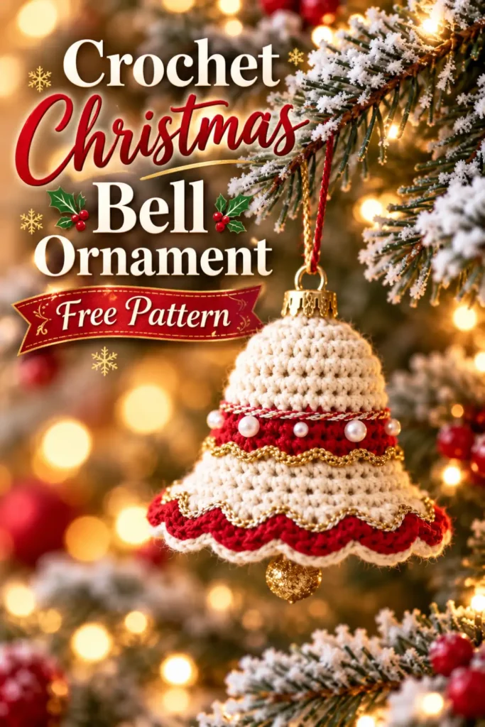 crochet Christmas bell ornament with red cream and gold details