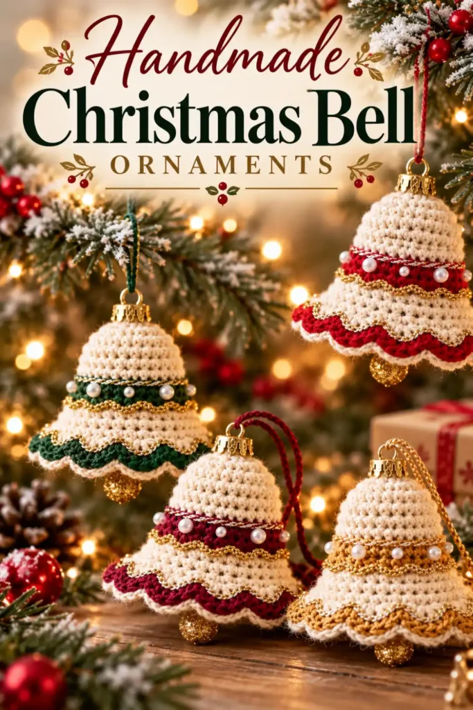 crochet Christmas bell ornament with red cream and gold details