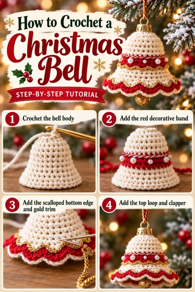 crochet Christmas bell ornament with red cream and gold details