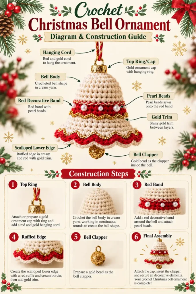 crochet Christmas bell ornament with red cream and gold details