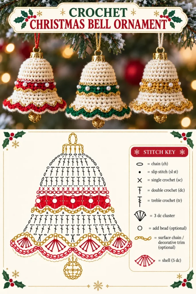 crochet Christmas bell ornament with red cream and gold details
