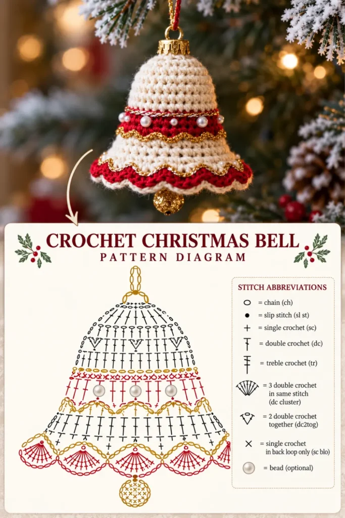 crochet Christmas bell ornament with red cream and gold details