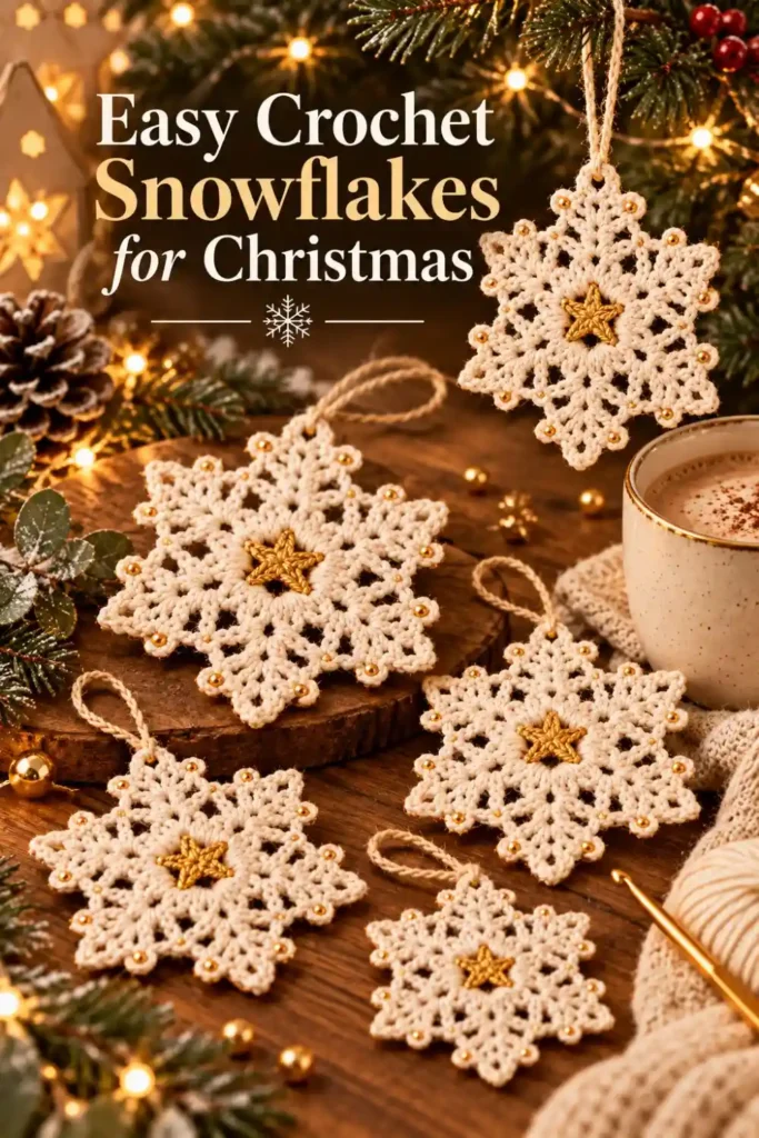 crochet snowflake ornament with gold beads for Christmas