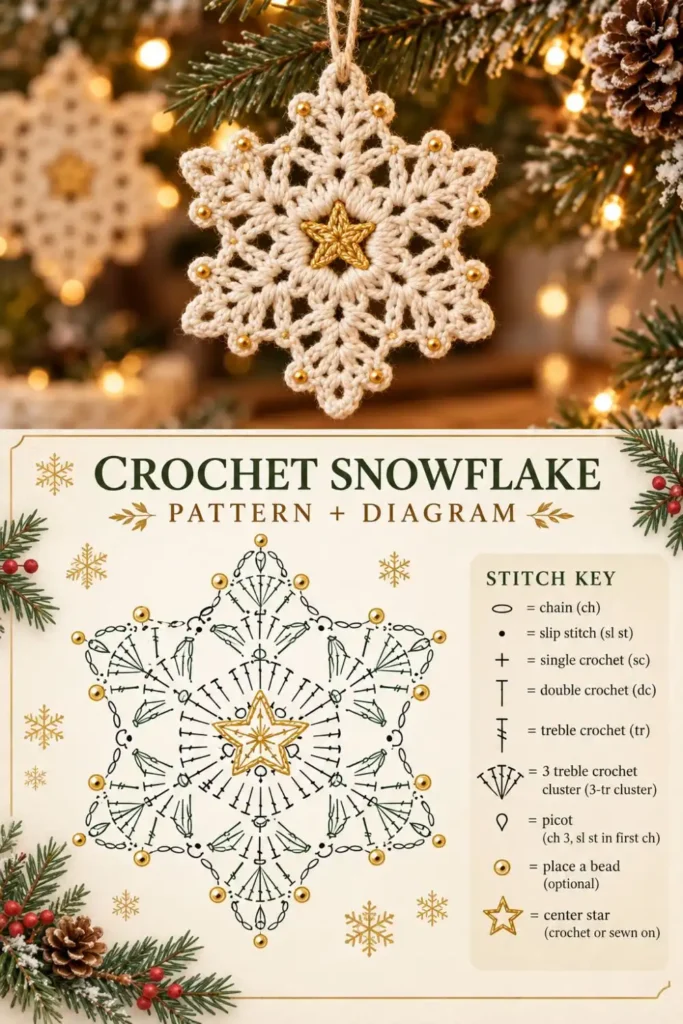 crochet snowflake ornament with gold beads for Christmas