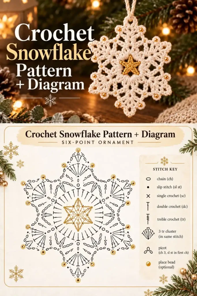 crochet snowflake ornament with gold beads for Christmas