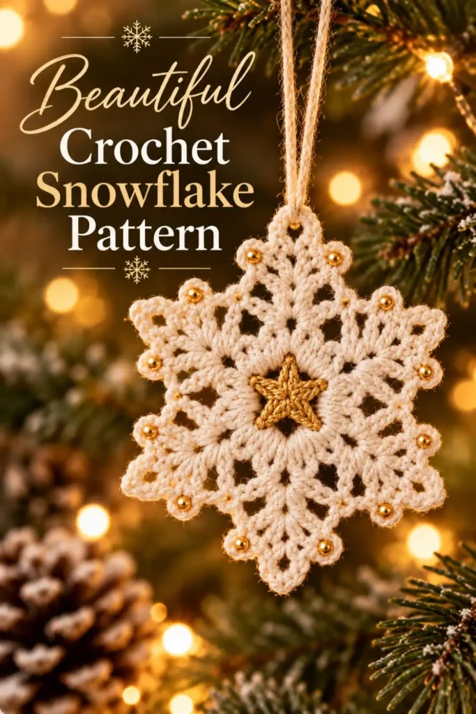 crochet snowflake ornament with gold beads for Christmas