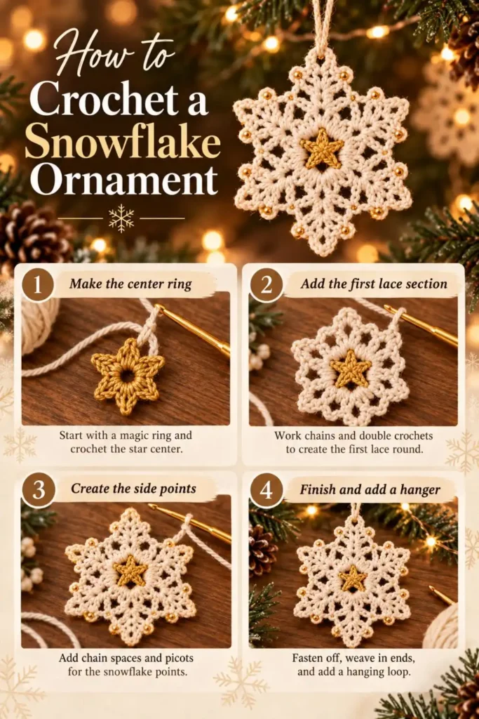 crochet snowflake ornament with gold beads for Christmas
