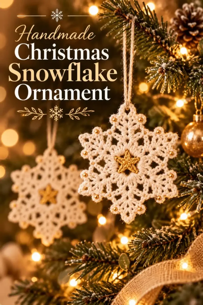 crochet snowflake ornament with gold beads for Christmas